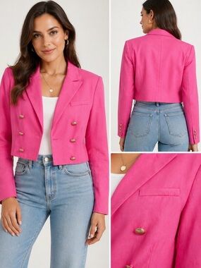 House of Harlow 1960 Vibrant Pink Cropped Double-Breasted Blazer